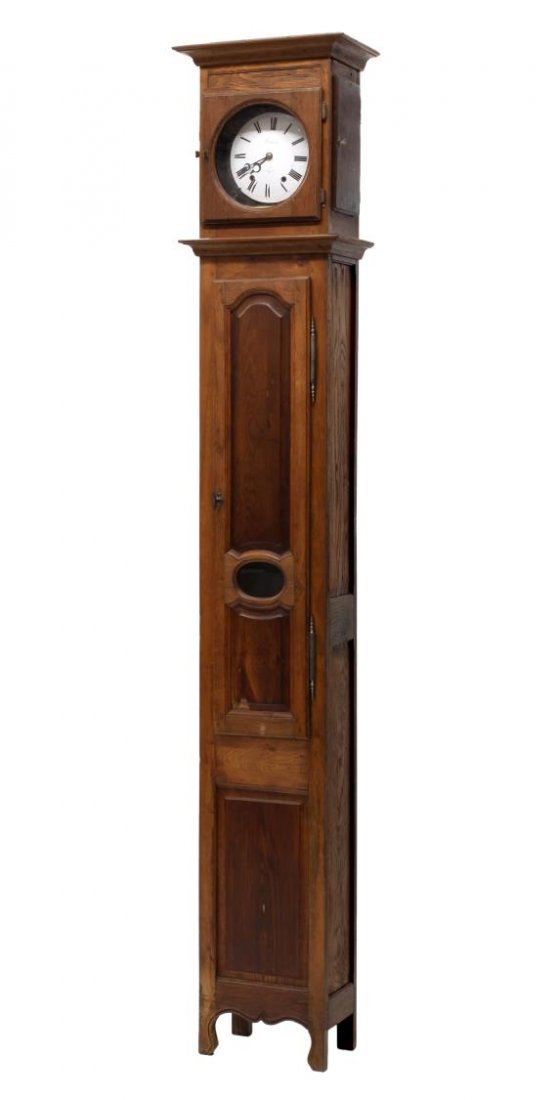 FRENCH OAK CASED GRANDFATHER CLOCK, 19TH C.: French oak tall case clock, 19th c., a stepped cornice over the glaze front clock housing a time and strike movement with the porcelain dial marked "Hubert a Apt", the paneled sides and inspection doo