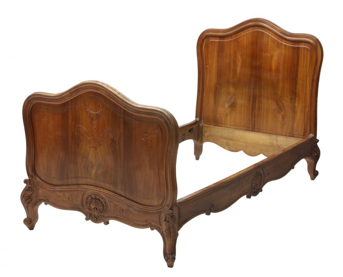 FRENCH LOUIS XV STYLE WALNUT BED: French Louis XV style walnut bed, early 20th c., arched headboard and foot board joined by side rails, set on scroll foot legs, headboard: 48"h, 42.5"w, inside approx. 76"l, 38"w *Provenance: Dreyfus 