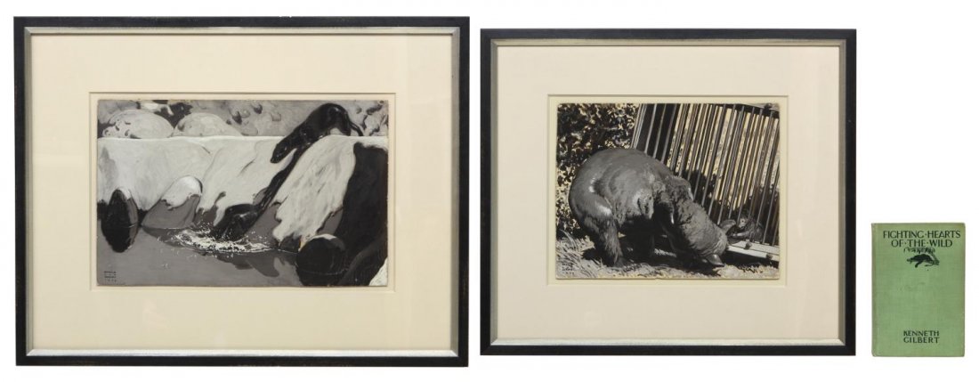 (3)HAROLD VON SCHMIDT (1893-1982) PAINTINGS & BOOK: (lot of 3) Framed published oil on panel illustrations by artist Harold Von Schmidt (American, 1893-1982), accompanied by the book "Fighting Hearts of the Wild" Kenneth Gilbert (American, 1889-1969), 