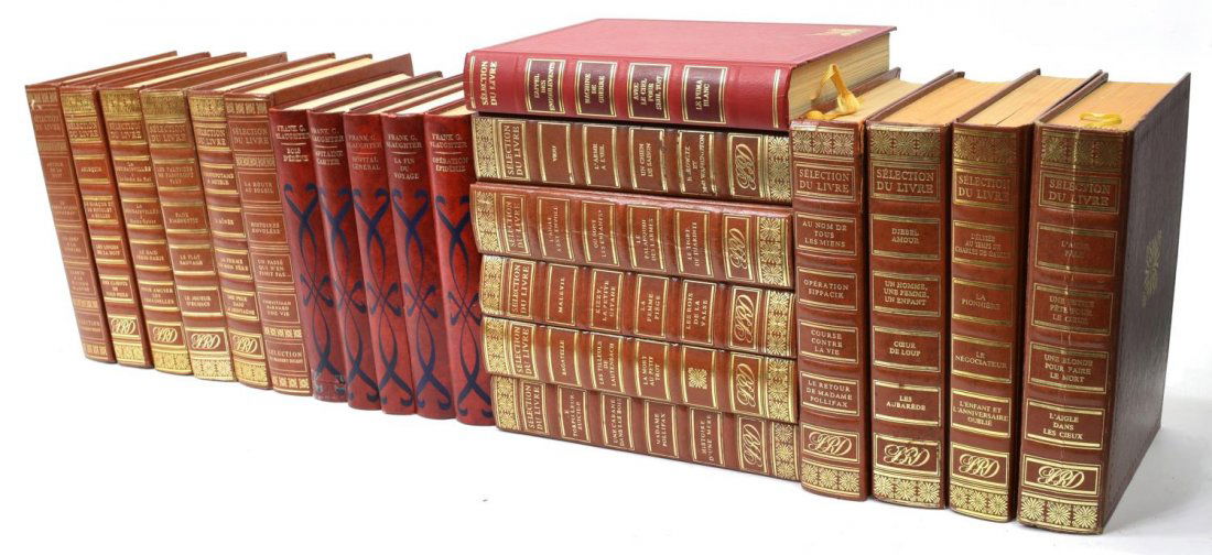 (21) VINTAGE FRENCH LEATHER BOUND BOOKS, DECOR: (lot of 21) Vintage French leather bound books, late 20th c., comprising: (5) Frank Slaughter books, various titles, bound in red leather; (16) Reader's Digest "Les meilleurs livres condenses" books h