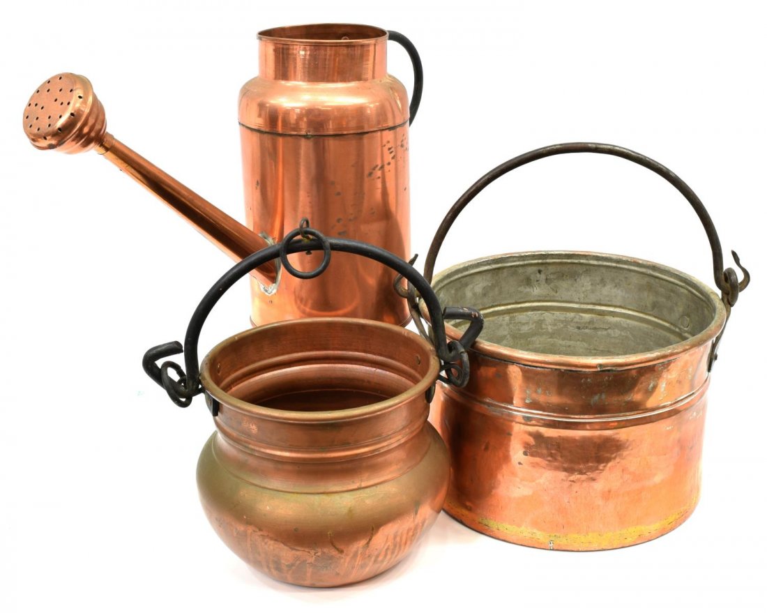 (3) VINTAGE COPPER POTS & WATERING CAN: (lot of 3) Collection of copper vessels, comprising: (1) watering can, approx 11.75"h, 19"l, 6.25"diam; (2) handled pots, largest: 8.5"h, 14"diam (including handle); 10.5lbs total Start Price: $80.00