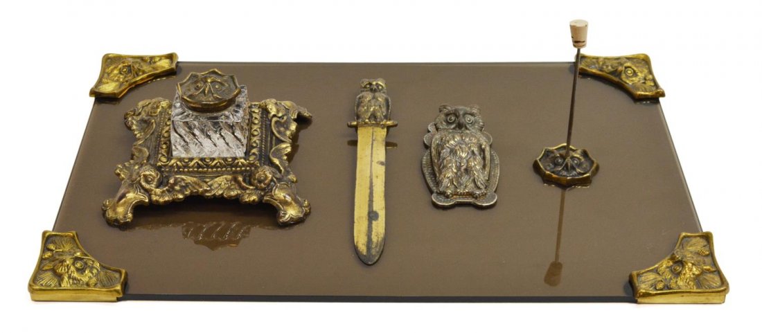 (6) CAST IRON OWL DESK SET JUDD MANUFACTURING CO: (lot of 6) Art Nouveau cast iron owl motif desk set, unmarked, attributed Judd Manufacturing Company, together with additional owl desk accessories, comprising: (1) Inkwell stand, numbered 4816 on bac