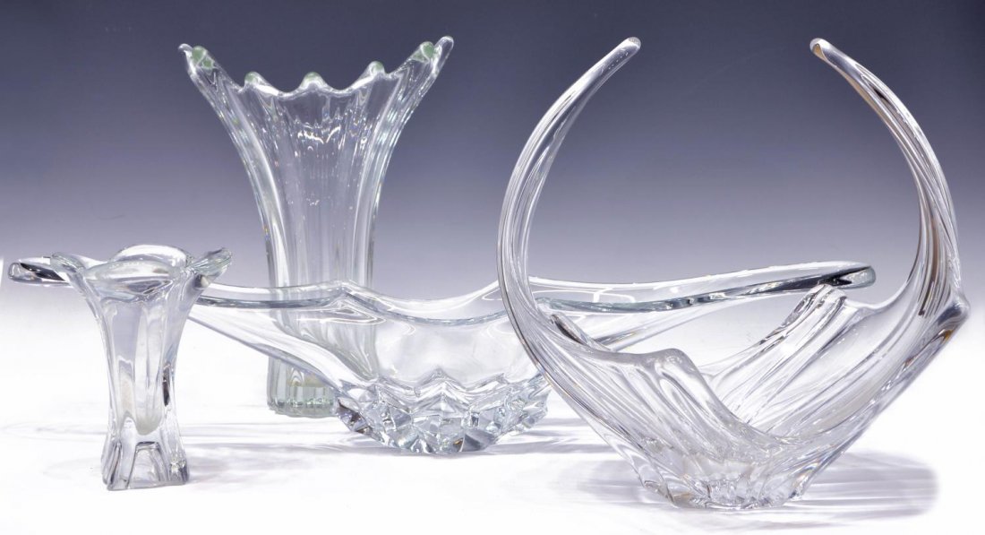 (4) COLLECTION OF FRENCH ART GLASS TABLE ITEMS: (lot of 4) Collection of French art glass table items, comprising: (1) tall fluted vase, 13"h; (1) organic form bowl, 13"h; (1) oblong centerpiece, 27"l; (1) small vase, 7"h; 25.75lbs *Provenance: Dre