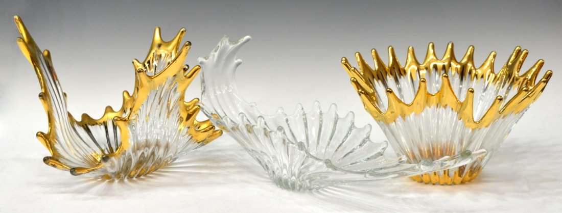 (3) GROUP OF FRENCH ART GLASS CENTERPIECES: (lot of 3) French art glass centerpieces, early 20th c., comprising: (1) parcel gilt bowl, 7.5"h; (1) dramatic parcel gilt bowl, 10.5"h; (1) oblong bowl, 15"l, 15.5lbs *Provenance: Dreyfus Antiques, A