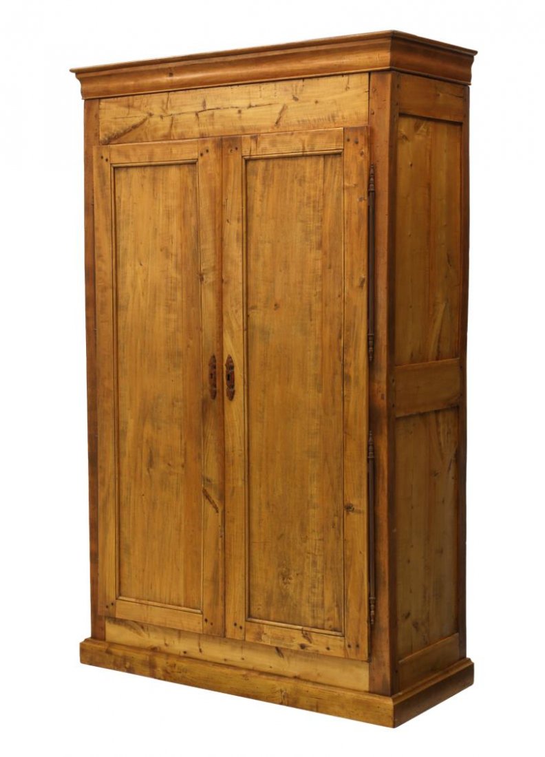FRENCH PINE TWO DOOR ARMOIRE: French pine armoire, 19th c., the stepped cornice over two doors opening to the shelved interior, rising on a plinth base, 82.75"h, 51.5"w, 21.5"d *Provenance: Dreyfus Antiques, Austin, Texas* Start P
