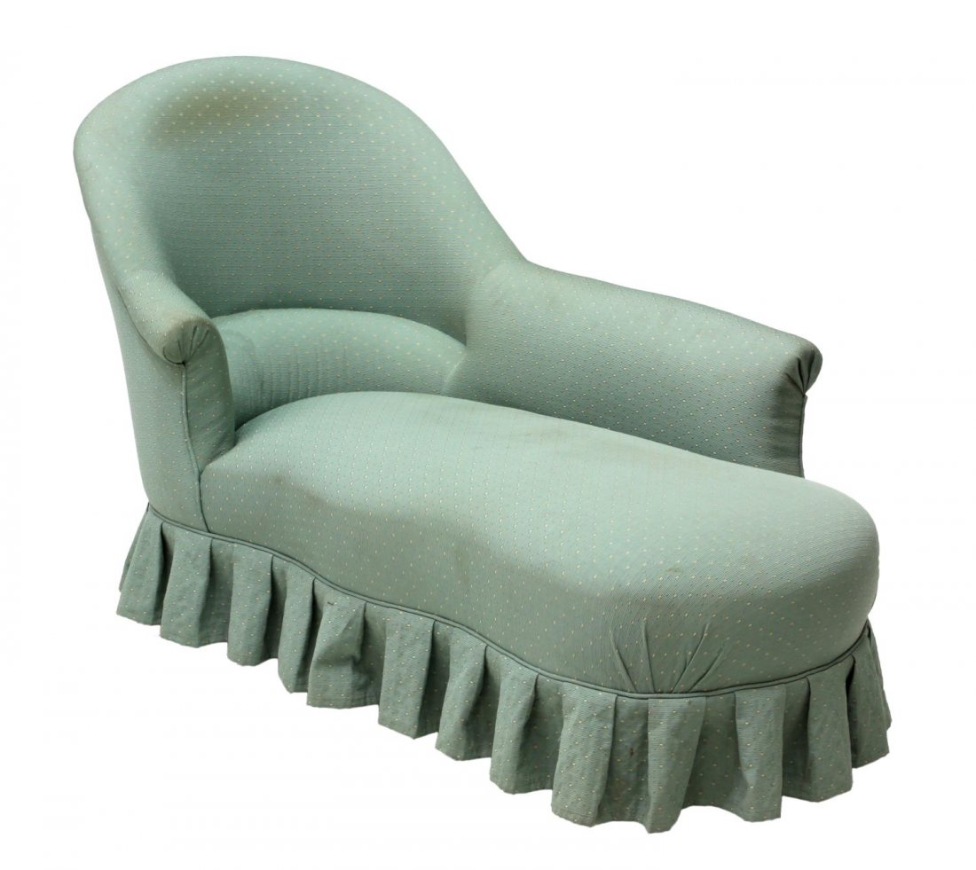 FRENCH UPHOLSTERED CHAISE LOUNGE: French chaise lounge, early 20th c., having a later fabric in green with white accents over the pleated skirt, rising on tapered turned legs, approx. 34.5"h, 57"l, 28.5"d *Provenance: Dreyfus Antiques