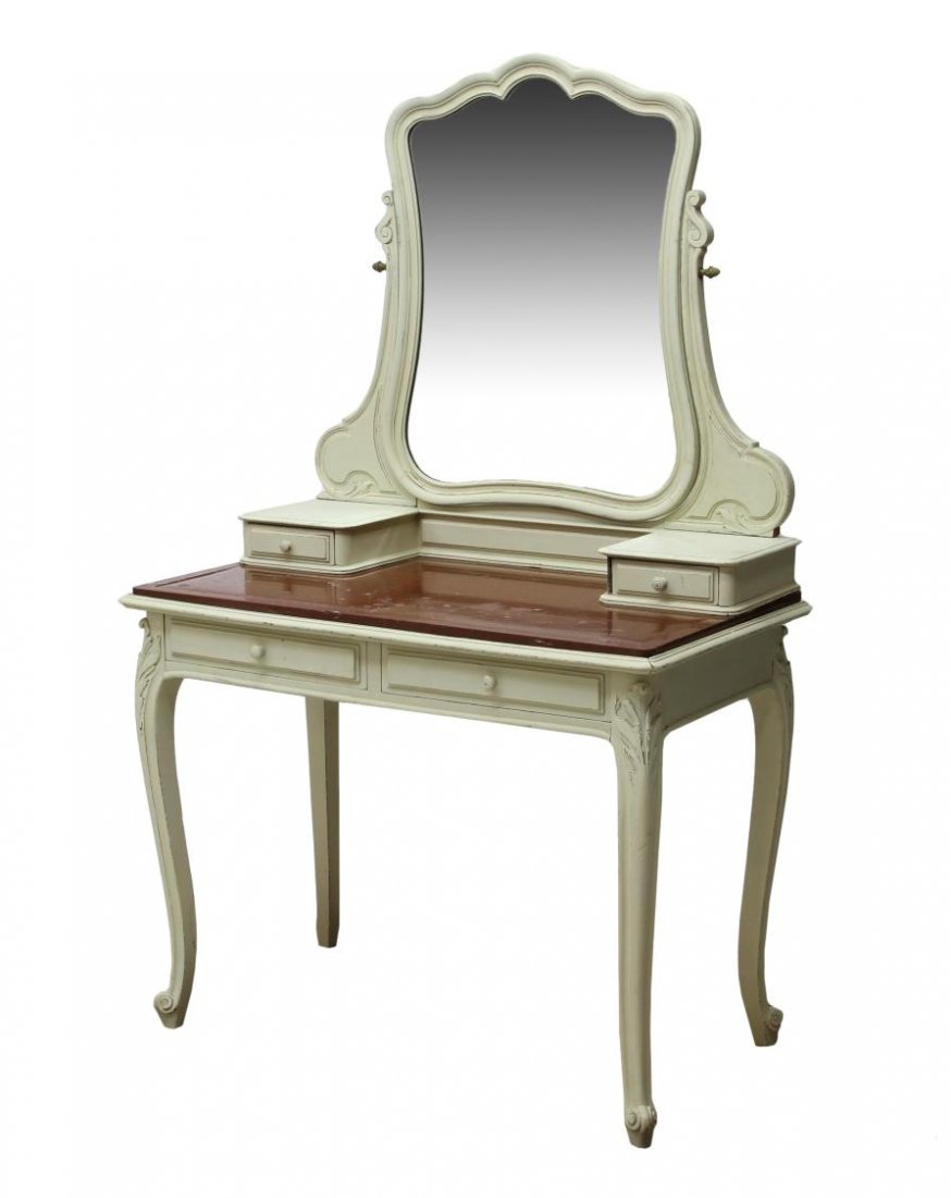 CONTINENTAL LOUIS XV STYLE PAINTED VANITY, 19TH C.: Continental Louis XV style painted vanity, 19th c., adjustable shaped mirror with beveled edges over red marble table top, four drawers, rising on cabriole legs, wear and small loss to marble, trim mi