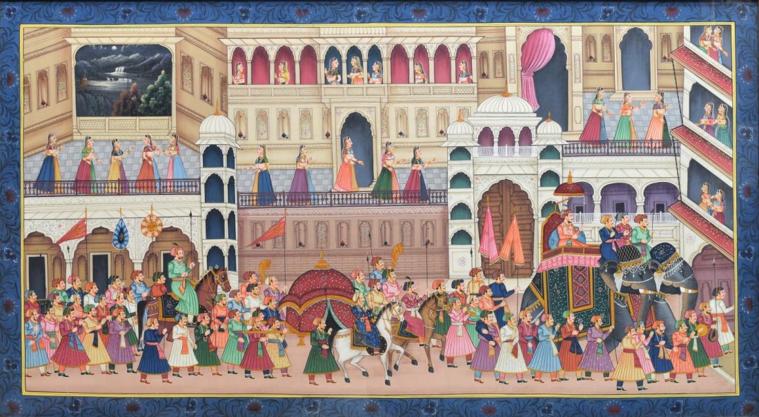 FRAMED PAINTING, A MUGHAL FIGURAL SCENE: Framed painting, a Mughal scene, a large procession of figures led by a Maharaja riding an elephant with soldiers, horses, ladies look down at the scene from balconies, sight: 29.5"h, 54"w, overall: 3