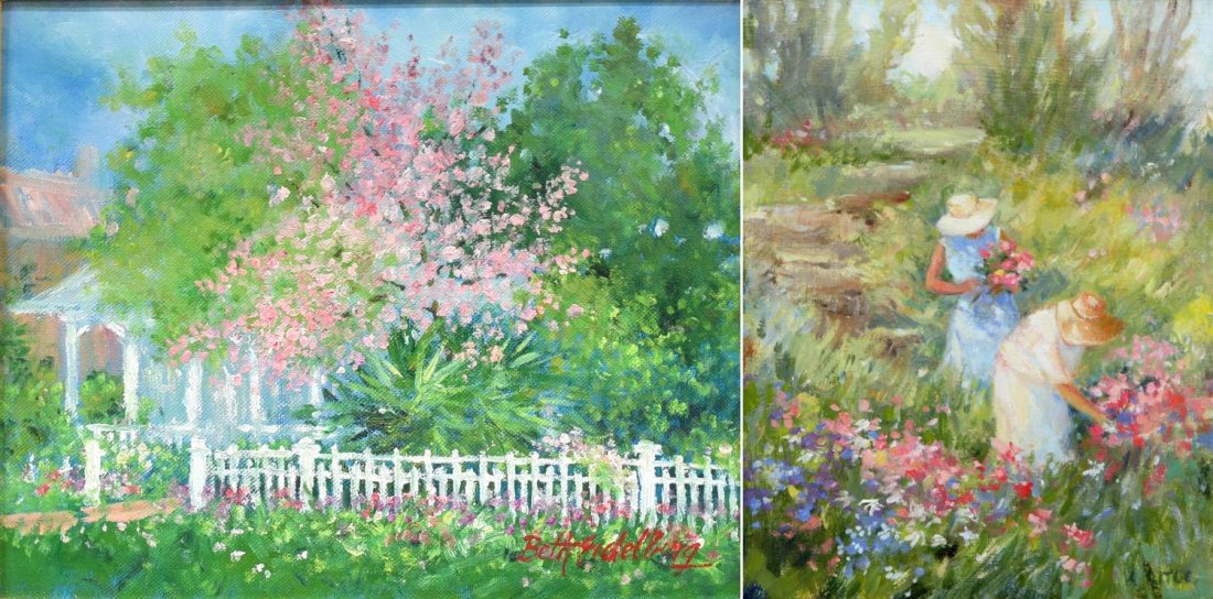 (2) BETH EISENBERG & L. LITLE FLORAL PAINTINGS: Framed oil on canvas floral landscape paintings, comprising: (1) Garden Landscape with Figures, signed L. Litle (20th c.); (1) Garden with Fence an Gazebo, signed lower right Beth Eisenberg (20th c.);
