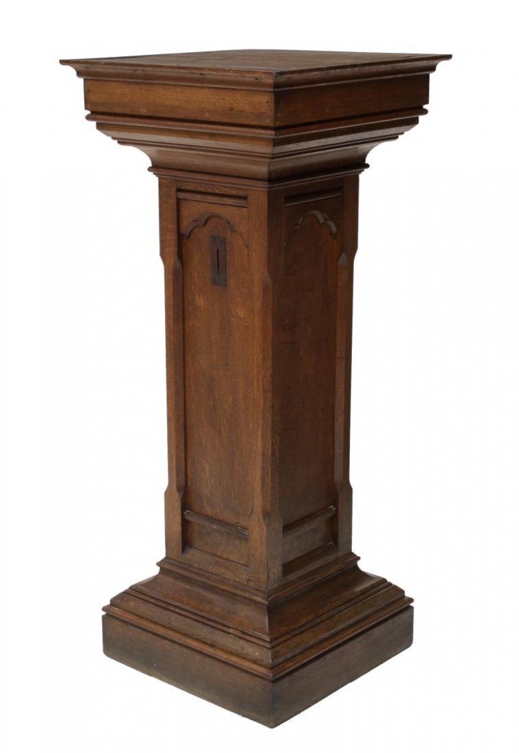 FRENCH STATUARY PEDESTAL WITH OFFERTORY ALMS BOX: French oak pedestal with alms or offertory box, late 19th c., a squared statuary pedestal over the square column with gothic inspired panels at each side, one side with a coin slot and lower receipt d