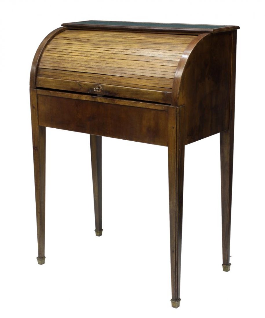 FRENCH WALNUT ROLL TOP WRITING DESK: French walnut roll top writing desk, 20th c., an inset felt surface at top over the tambour roll opening to a fitted gallery, the writing surface pulls out to reveal storage space, rising on tapered s