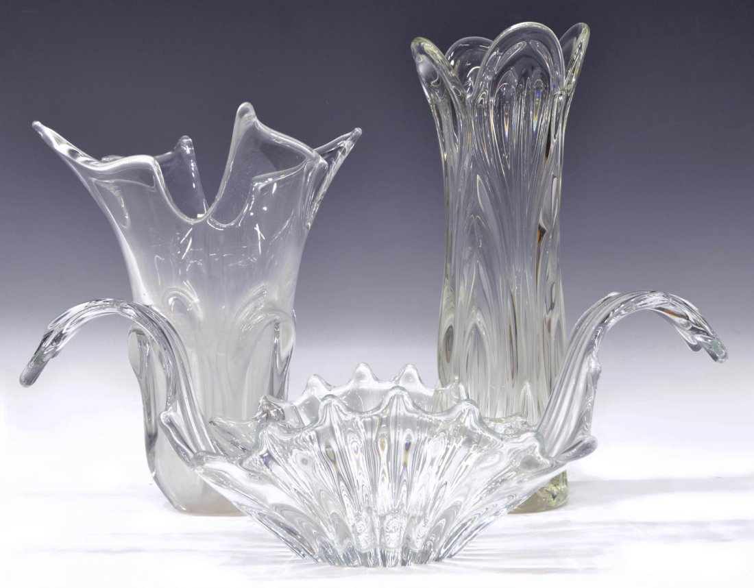 (3) COLLECTION OF FRENCH ART GLASS CENTERPIECES: (lot of 3) French art glass centerpieces, early 20th c., comprising: (1) tall narrow vase, 15.25"h; (1) wide vase, 12"h; (1) dramatic centerpiece, 19.5"l; 22.5lbs *Provenance: Dreyfus Antiques, Austin