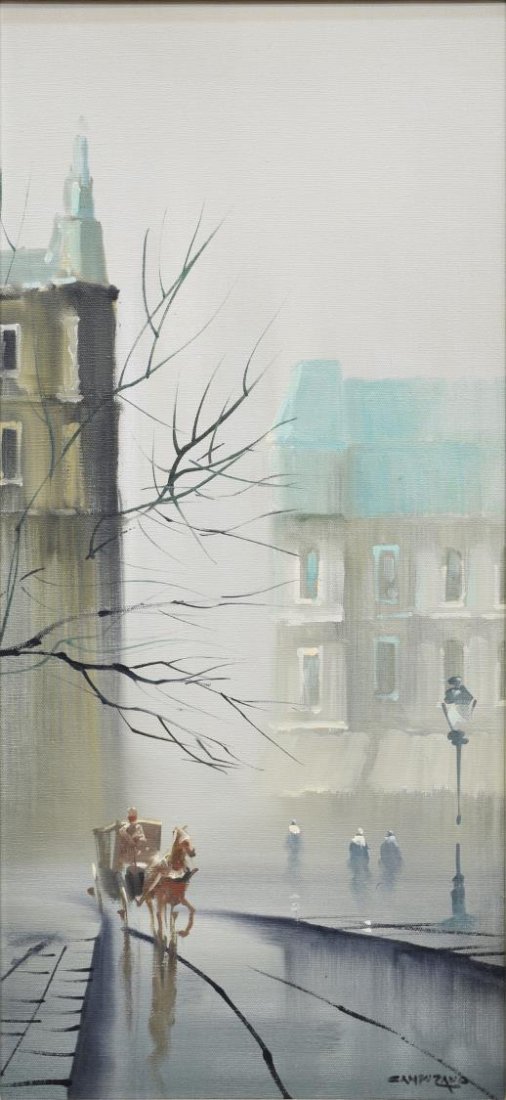 CONTINENTAL SCHOOL, 20TH C. RAINY STREET SCENE: Framed oil on canvas, Rainy Street Scene, signed illegibly lower right (Continental 20th c.), sight: 23.25"h, 11.25"w, overall: 28.5"h, 16.5"w, 3.25 lbs *Provenance: From the estate of Jo Anne Christi
