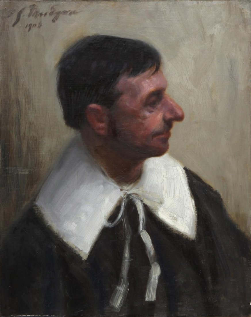 DARIUS J MACEGAN(1856-1939) PORTRAIT OF THE ARTIST: Unframed oil painting on canvas, Self Portrait, Artist in Smock, signed, dated upper left D.J. Macegan (Darius Joseph Macegan, Ireland, 1856-1939), 20"h, 16"w, 1.25lbs Start Price: $150.00