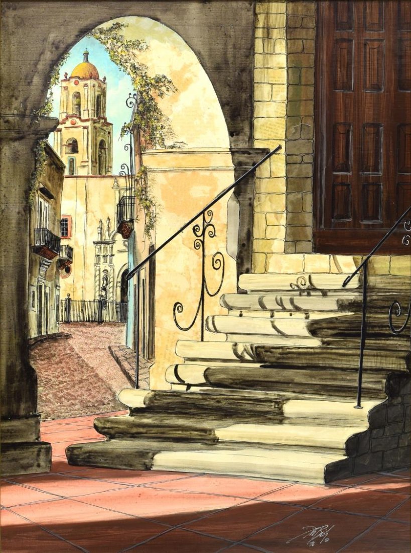 IAN BISH (20TH C) FRAMED OIL ON BOARD STREET SCENE: Framed oil on board, Spanish Street, signed lower right Ian Bish (20th c.), sight: 23.25"h, 17.25"w, overall: 31.25"h, 25.25"w, 8.25 lbs *Provenance: From the estate of Jo Anne Christian (Texas, 1936-