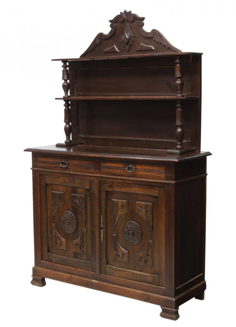 FRENCH PINE TIERED SERVER/ SIDEBOARD, 19TH C.: French pine server, 19th c., having a two tier back accented with applied carving rising on turned supports, the rectangular work surface over two frieze drawers and two doors, all rising on bracket f