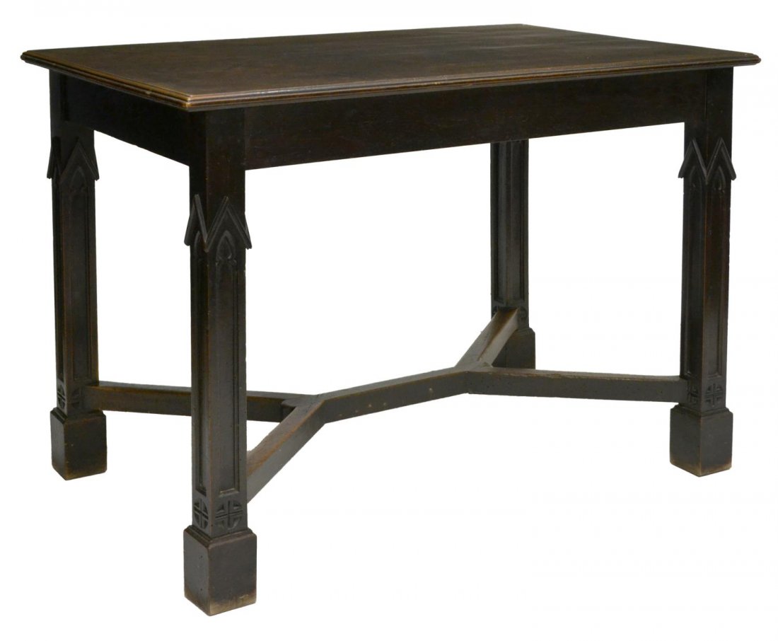 SPANISH GOTHIC STYLE WORK TABLE: Spanish Gothic style work table, 20th c., the rectangular top raised on stretcher joined Gothic fashioned legs with block feet, 31.25"h, 42.5"w, 27.25"d Start Price: $150.00