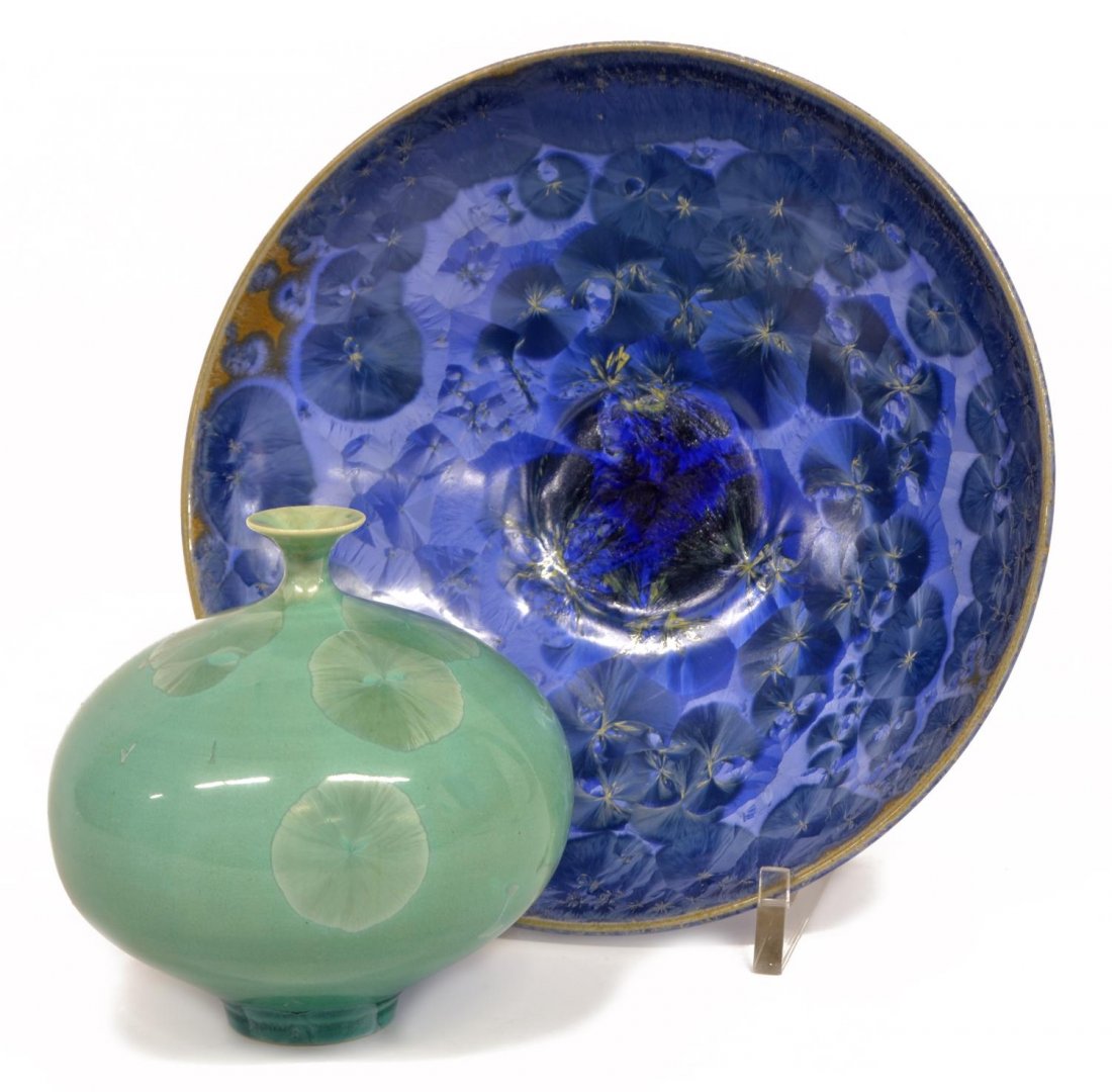(2) CRYSTALLINE GLAZE POTTERY BOWL & VASE: (lot of 2) Crystalline glaze pottery items, comprising: (1) Signed Gregg Jacob (Texas, 20th c.) bowl, 3.25"h, 10.5" diam; (1) green vase, signed illegibly on base, 5.5"h; 3.5lbs total *Provenance: Fro