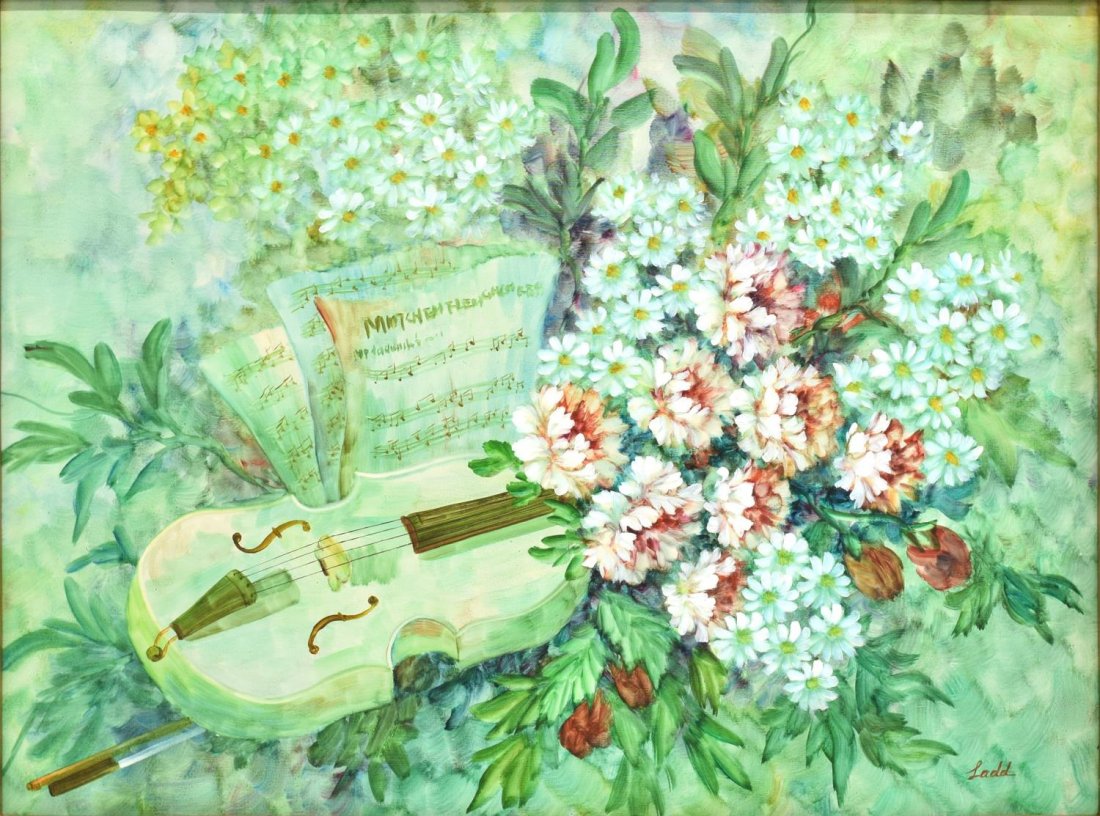 FRAMED OIL PAINTING, FLOWER & VIOLIN SCENE: Framed oil painting on canvas, flower and violin arrangement, signed lower right Ladd, sight: 35.5"h, 47.5"w, overall: 46"h, 58"w, 19.5lbs Start Price: $150.00