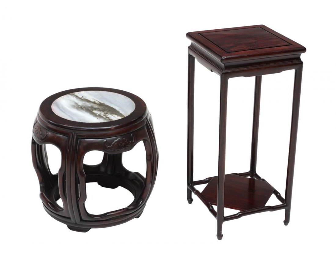 (2) CHINESE INSET MARBLE STAND & ROSEWOOD STAND: (lot of 2) Chinese tables: (1) rosewood plant stand or garden stool, the ciruclar top with inset marble, rising on outturned supports, 13.5"h, 15" diameter; (1) rosewood tea stand with a rectangular t