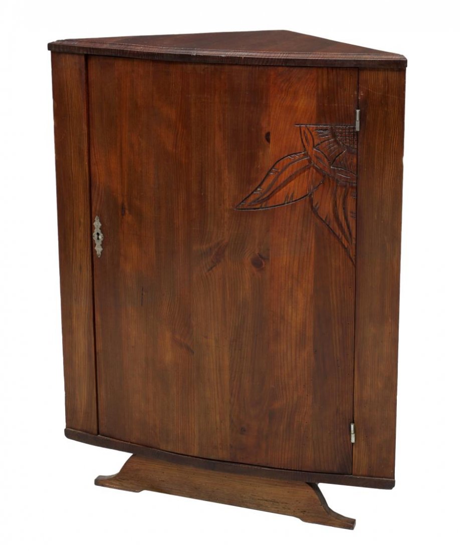 FRENCH PINE CORNER CABINET: French pine corner cupboard, 20th c., the bow front door opening to a shelved interior, raised on shaped supports, 39.25"h, 30"w, 17"d *Provenance: Dreyfus Antiques, Austin, Texas* Start Price: $80.00