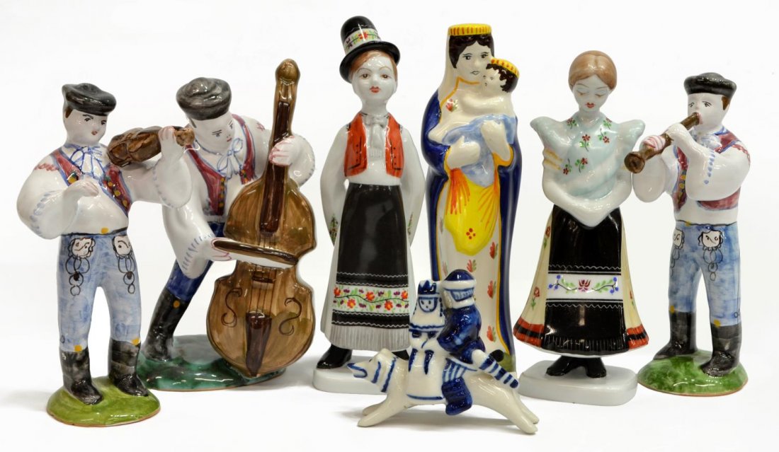 (7) GROUP POTTERY FIGURINES QUIMPER, MODRA, ETC: (lot of 7) Collection of pottery figurines, comprising: (1) Quimper St. Vierge, 7"h; (2) Hollohaza figurines, man and woman in traditional clothing, 7"h; (3) Modra Slov L'udova Majolika figurines, mus