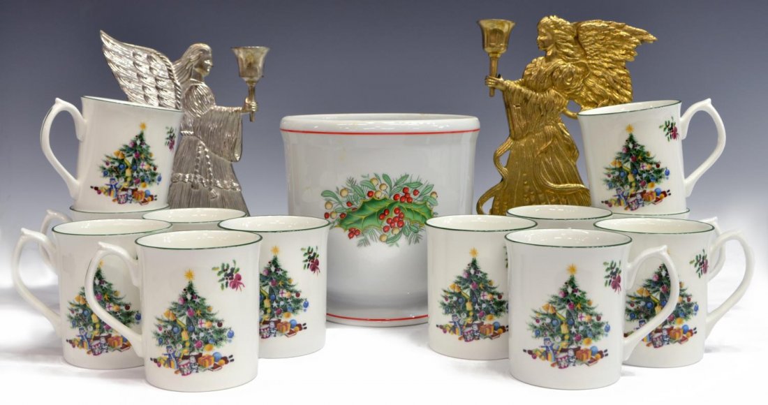 (15) COLLECTION CHRISTMAS STAFFORDSHIRE MUGS ETC.: (lot of 15) Collection Christmas theme items, comprising: (12) Cerno Elizabethan Staffordshire bone china "Season's Greetings" mugs; (1) Vista Alegre "Christmas Magic" porcelain planter, 6.25"h, 6.25"