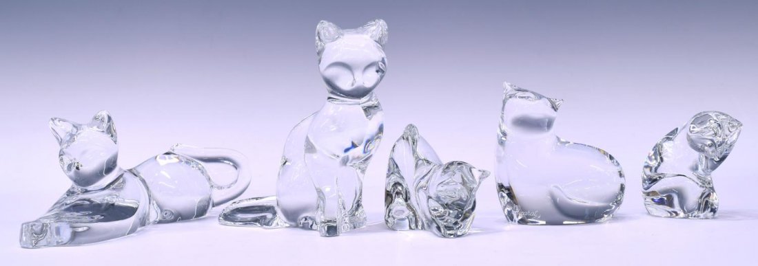 (5) BACCARAT ART CRYSTAL CAT FIGURES: (lot of 5) Baccarat art crystal cat figures, various poses, sizes and styles, the largest in a recumbent pose with curled tail, 5.5"l, 2.5lbs total *Provenance: From the estate of Jo Anne Christian (T