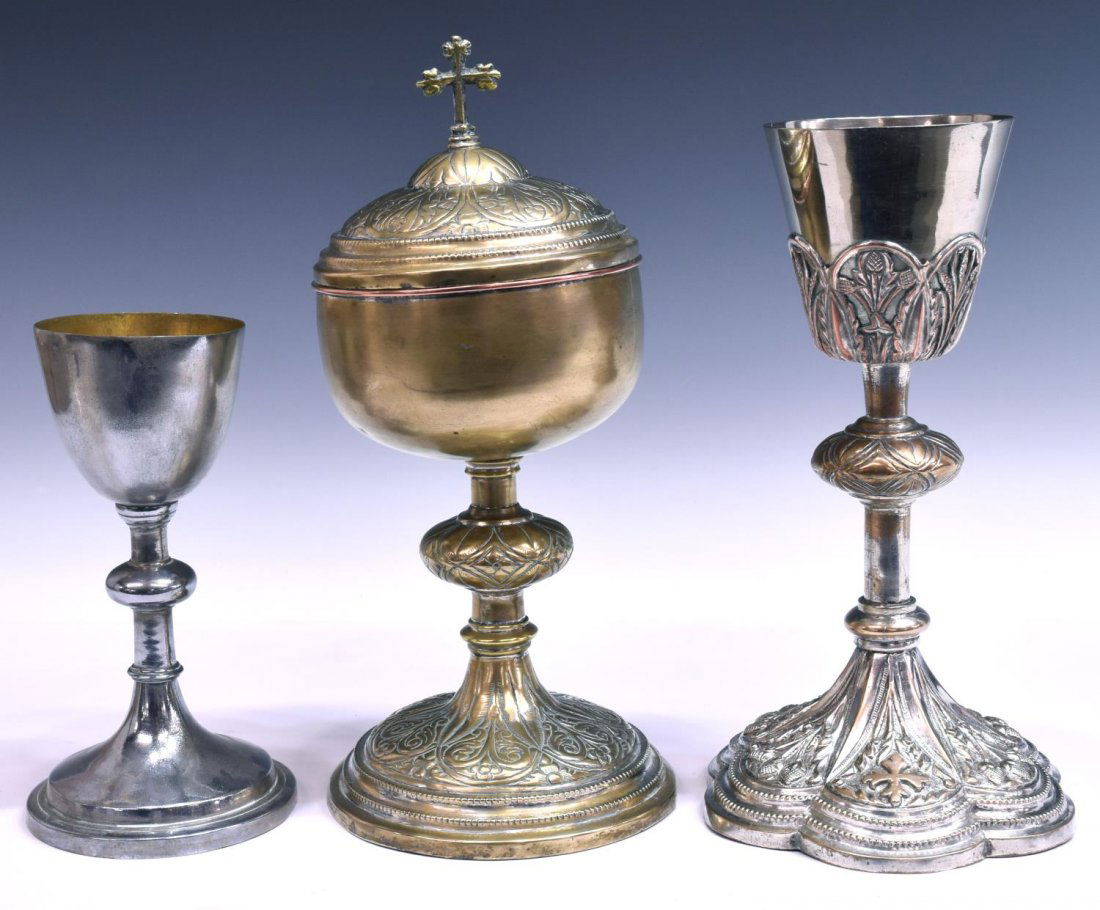 (3) ANTIQUE SILVERPLATE CHURCH CHALICES & CIBORIUM (1 of 10)