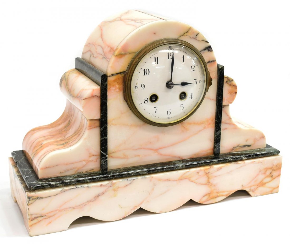 FRENCH NAPOLEON III VARIEGATED PINK MARBLE CLOCK (1 of 8)