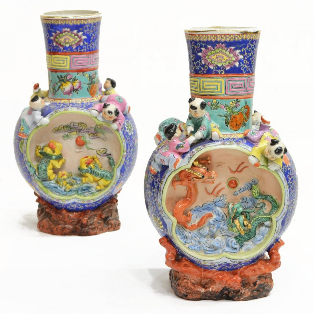 (2) CHINESE FAMILLE-ROSE FOO LION & DRAGON VASES (1 of 5)