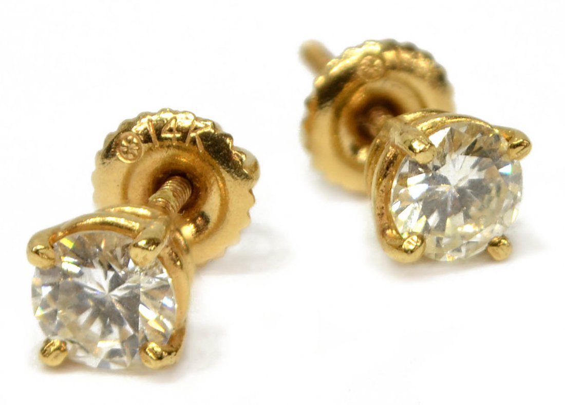 (PAIR) LADIES 14KT GOLD & DIAMOND STUD EARRINGS (1 of 2)