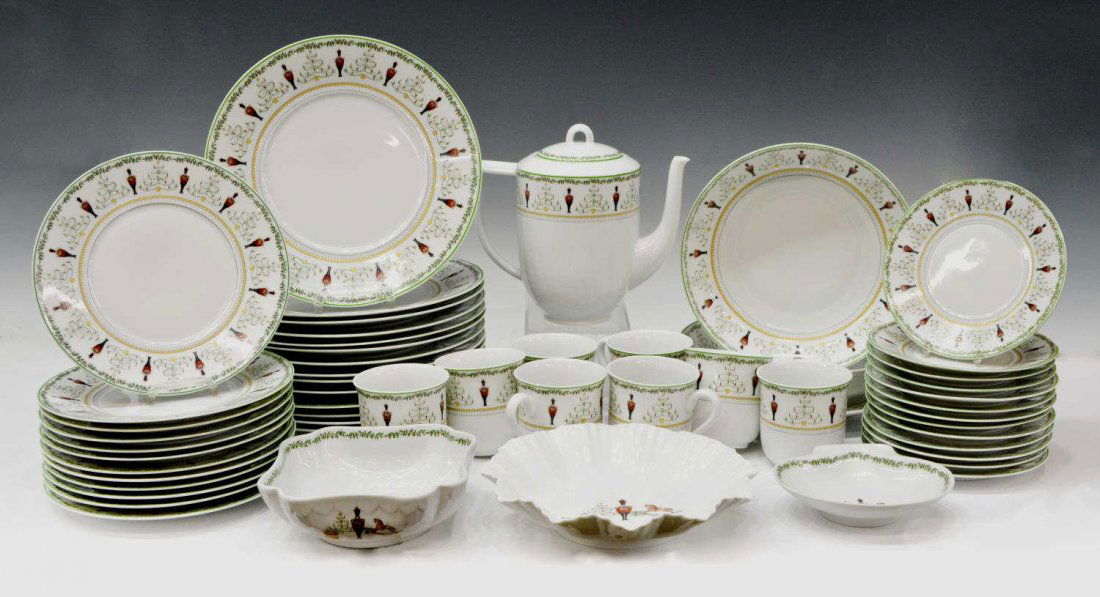 (53) BERNARDAUD LIMOGES GRENADIERS DINNER SERVICE: (lot of 53) French Bernardaud Limoges porcelain dinner service in the "Grenadiers Happy Holiday" pattern, comprising: (14) service plates, approx 10.25"diam; (12) salad plates, approx 8.5"diam; (13) b