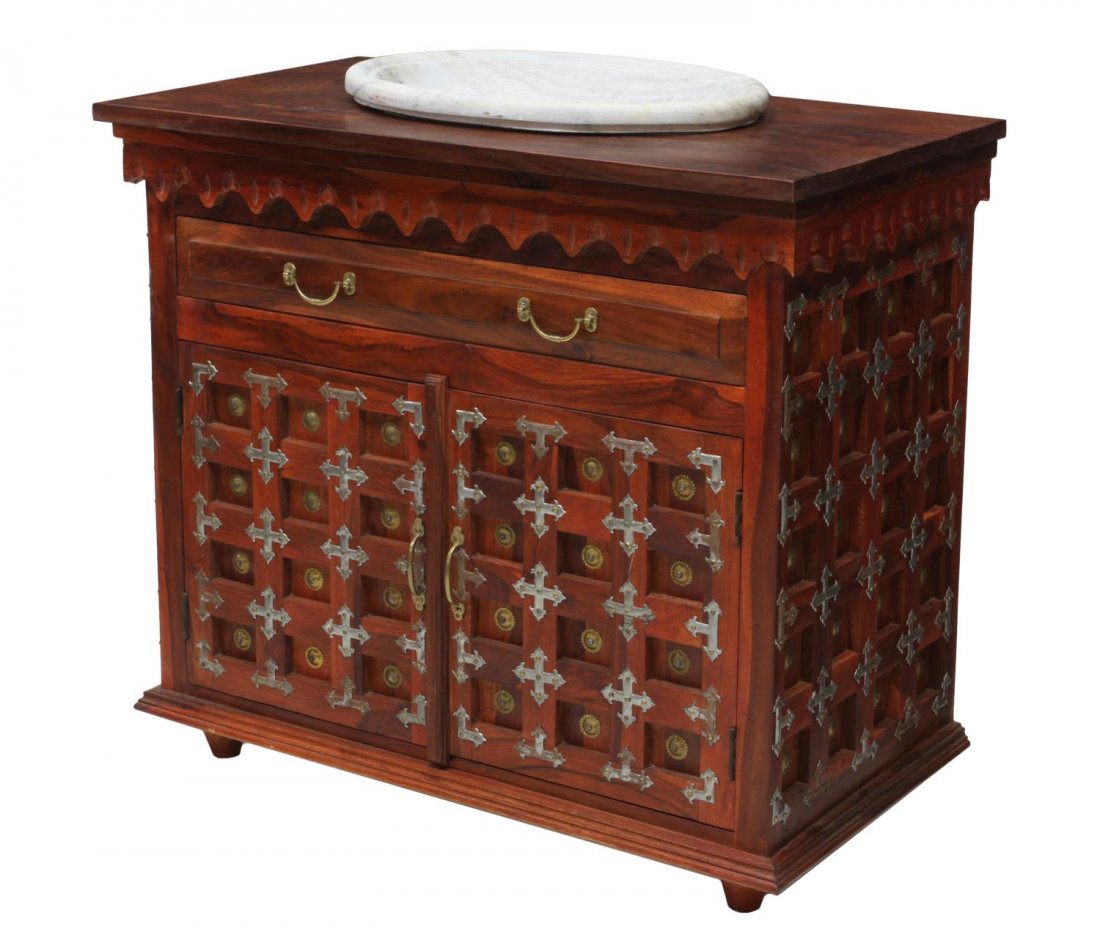 MAHOGANY BAR OR VANITY WITH INSET MARBLE SINK: Mahogany vanity or bar sink, the front and sides, a hand carved marble sink over a frieze short depth drawer and two lower doors that access the open interior, raised on turned supports, 39"h, 42"w, 2