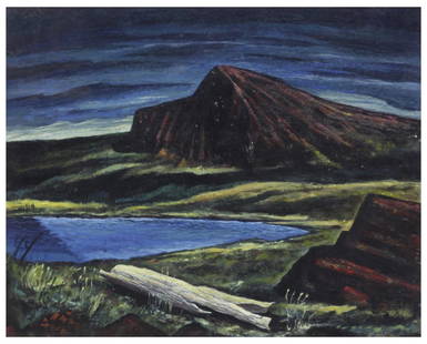 RALPH WHITE (TEXAS,1921-2004) LANDSCAPE PAINTING: Framed oil painting under glass, "Red Rock Mountain", signed lower right R. White (Ralph Ernest White Jr., Texas, Minnesota, 1921-2004), a brass plate at the lower front frame: "Red Rock Mountain By R