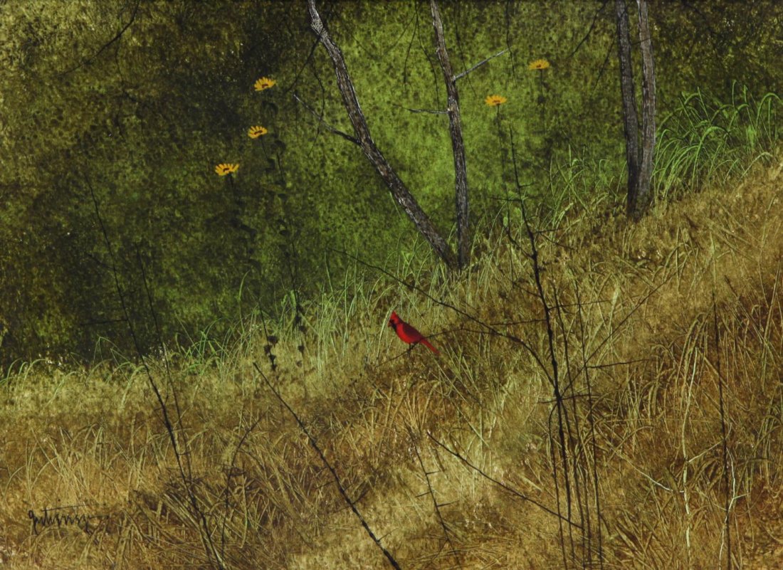 RAUL GUTIERREZ (TEXAS B. 1935)CARDINAL WATERCOLOR: Framed watercolor on board, Cardinal, signed lower left Gutierrez (Raul Gutierrez, Texas b. 1935), site: 8.5"h, 11.5"w, overall: 15"h, 18"w, weight: 4.25 lbs *Provenance: From the estate of Jo Anne Ch