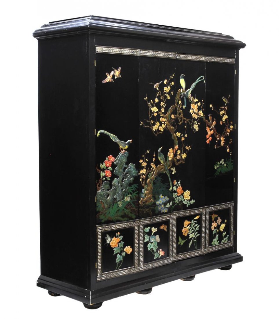 LARGE CHINESE COLORFUL STONE DECORATED CABINET (1 of 4)