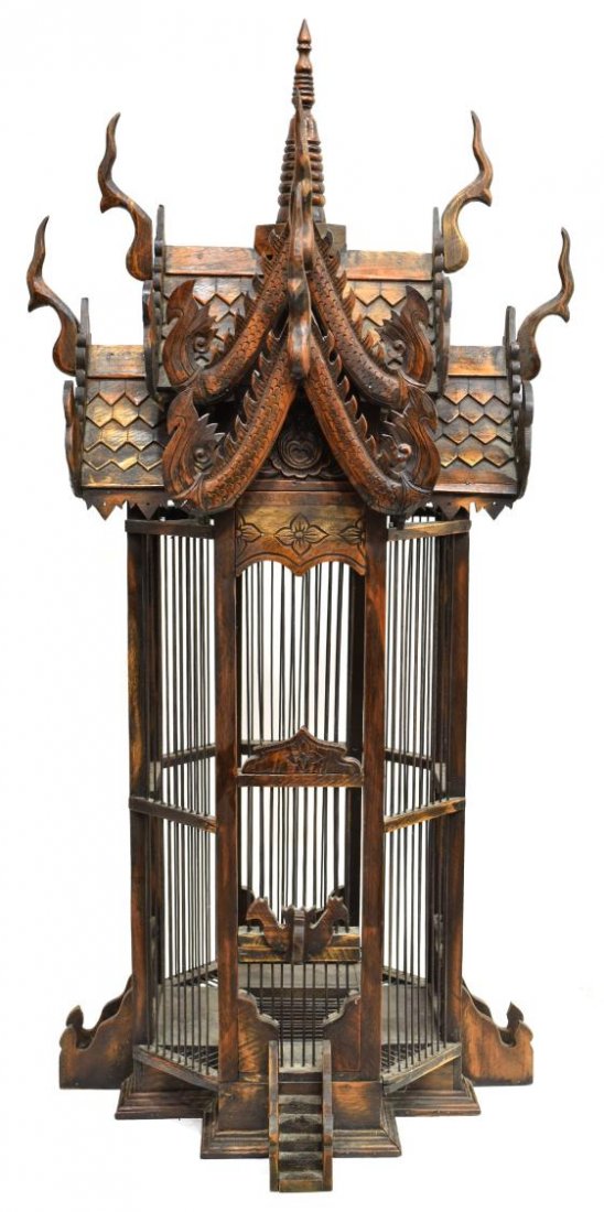 VINTAGE ASIAN CARVED WOOD TEMPLE BIRD CAGE (1 of 6)