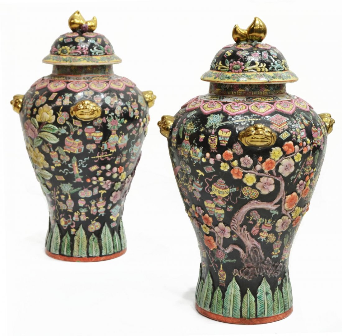 (2) CHINESE PORCELAIN FAMILLE-NOIR TEMPLE JARS (1 of 4)