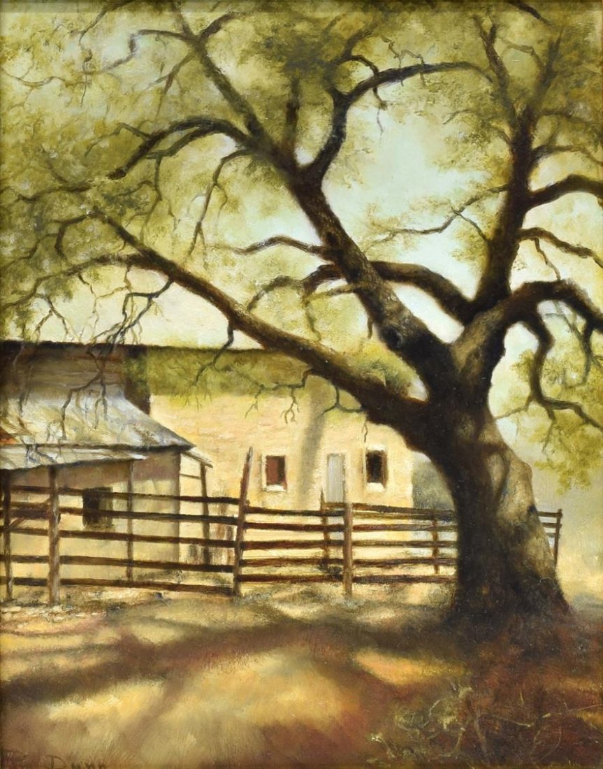 PAM DUNN (TEXAS 20TH C.) STONE BARN PAINTING: Framed oil on masonite, "Stone Barn", signed lower left Pam Dunn (Texas 20th c.), sight: 9.25"h, 7.25"w, overall: 14.75"h, 12.75"w, 2.25 lbs *Provenance: From the estate of Jo Anne Christian (Texas, 1