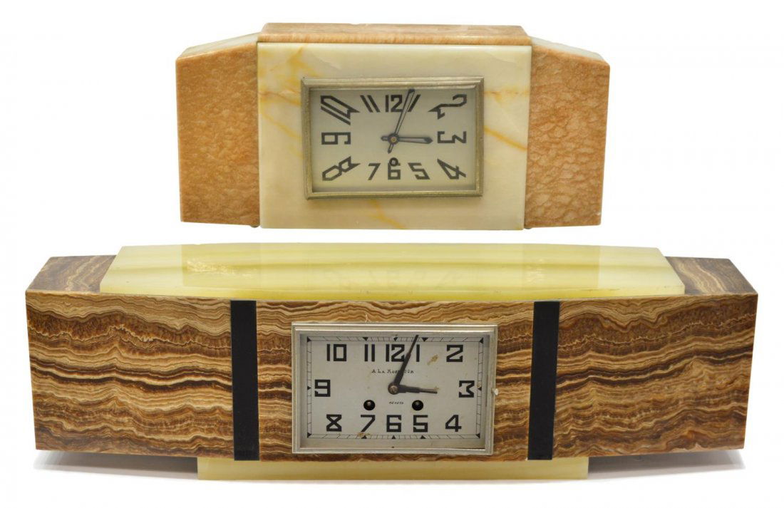 (2) FRENCH ART DECO MARBLE AND ONYX MANTEL CLOCKS (1 of 9)