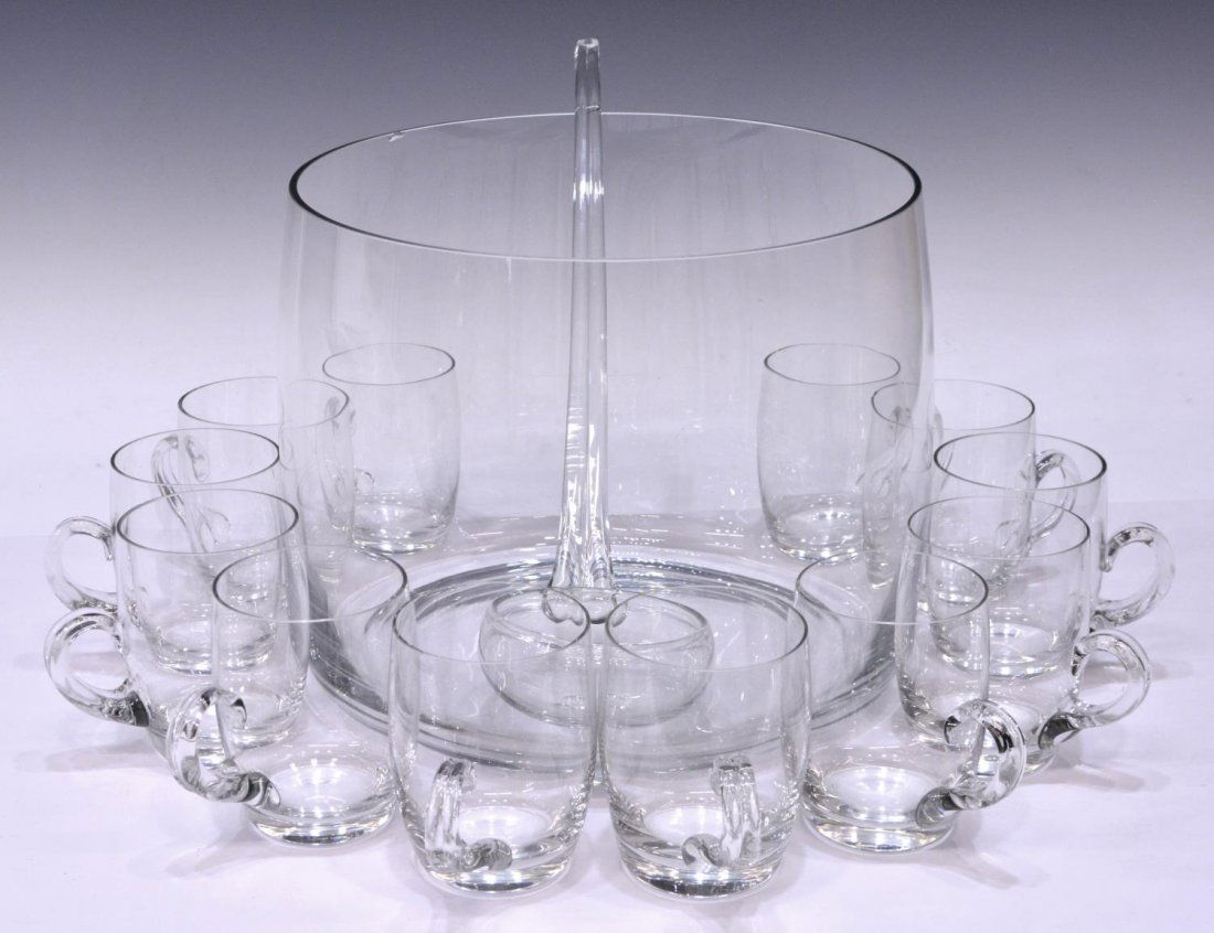 (14) LARGE COLORLESS GLASS PUNCH BOWL DRINKS SET (1 of 3)