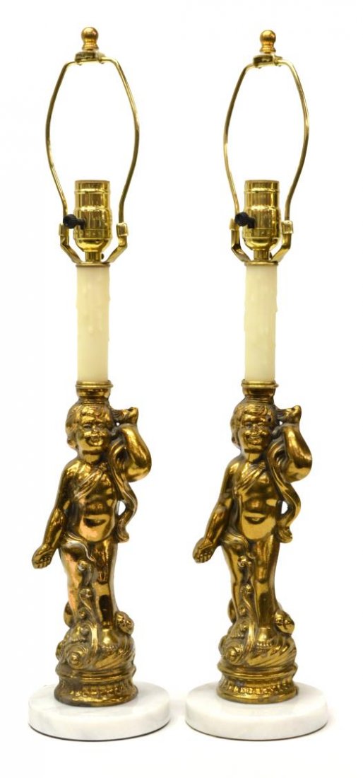 (2) GILT METAL CHERUB FORM LAMPS WITH STONE BASE (1 of 4)