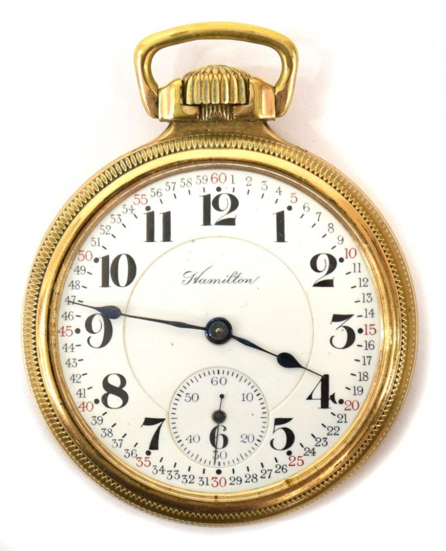 HAMILTON 21 JEWEL RAILROAD GRADE 992 POCKET WATCH: Hamilton Watch Co. open face Railroad pocket watch, 21 jewels, Grade 992, adjusted 5 positions, double roller, 10kt gold fill case, manufactured 1913, SN 1097830, observed operating for fifteen minute