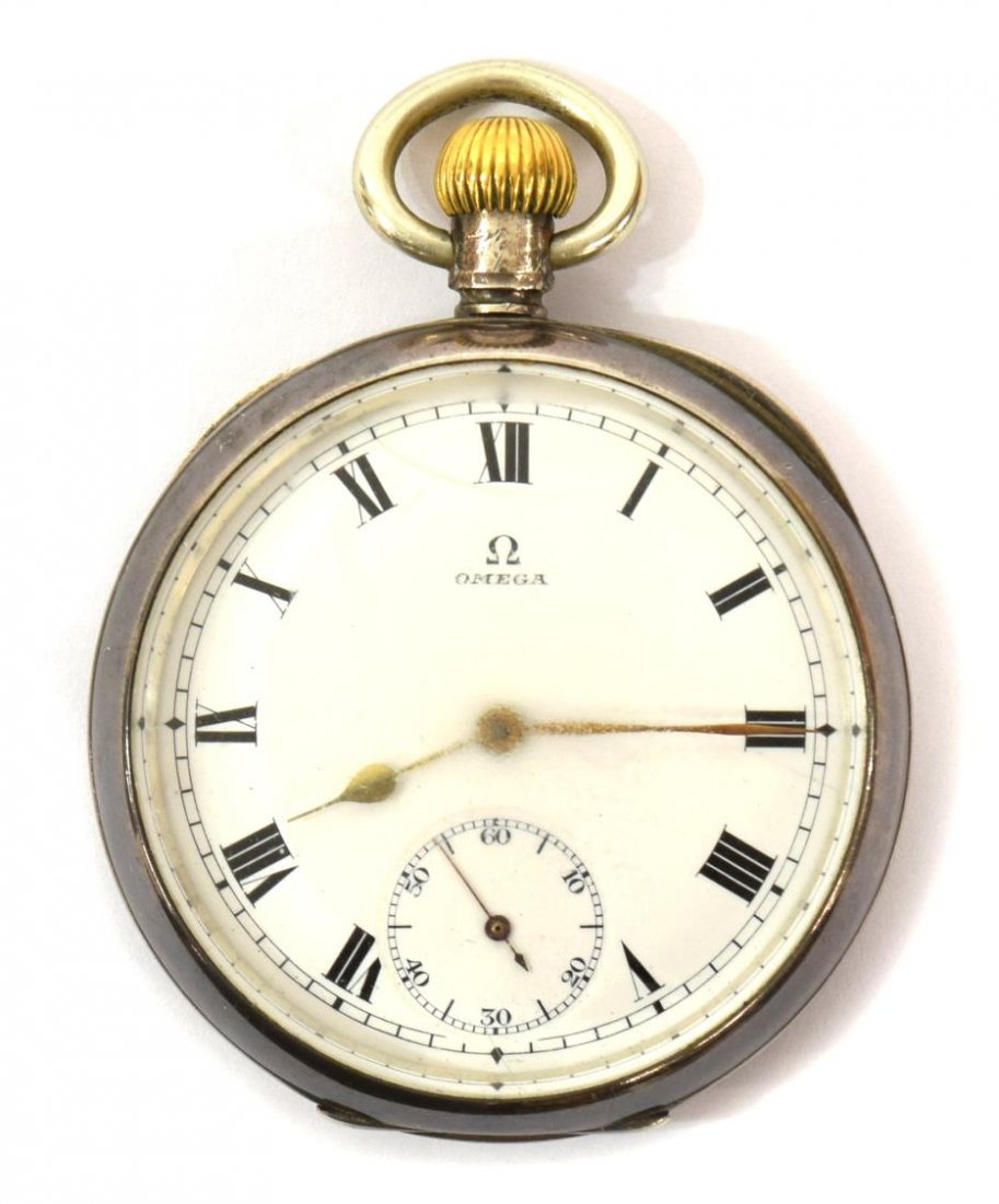OMEGA STERLING SILVER CASED POCKET WATCH: Omega sterling silver cased pocket watch, seconds sub dial, Omega signed case marked .925 in two places, SN 50233312, manufactured 1916, together with attached chain and a shield fob with English ster