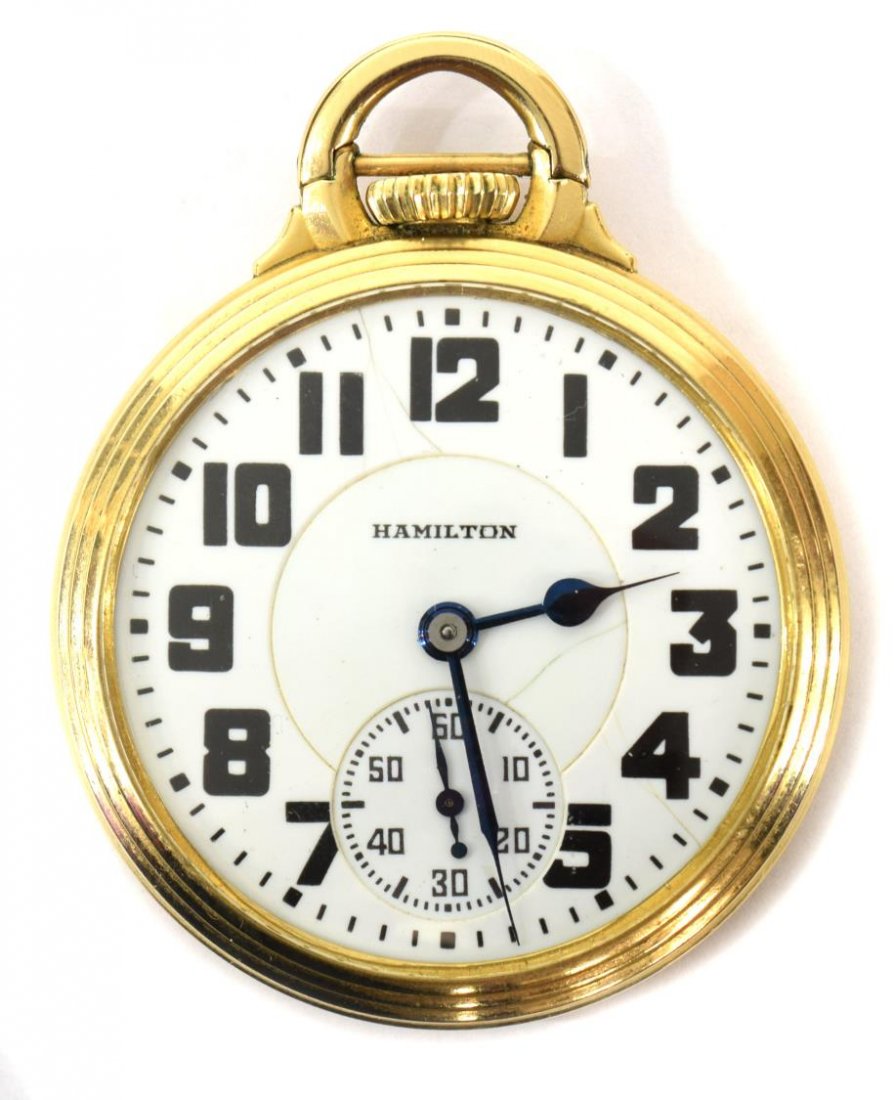 HAMILTON 21 JEWEL RAILROAD GRADE 992 POCKET WATCH: Hamilton Watch Co. open face Railroad pocket watch, 21 jewels, Grade 992, adjusted 5 positions, double roller, bar over crown 10kt gold fill monogrammed case, manufactured 1936, SN 2632790, crazing at