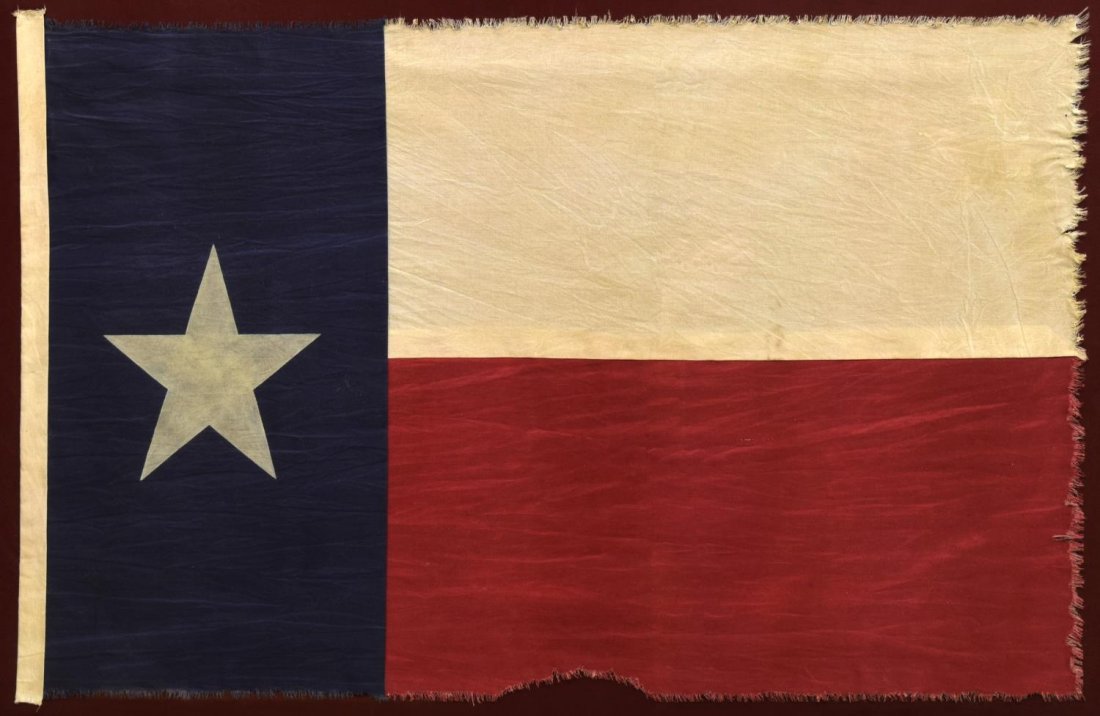 REPLICA OF THE THIRD FLAG OF THE REPUBLIC OF TEXAS: Shadow box, framed under glass, cloth flag, a reproduction of the Third Flag of The Republic of Texas, adopted as the Republic's flag in 1839 and as the state flag in 1846, purchased at the Gallery of