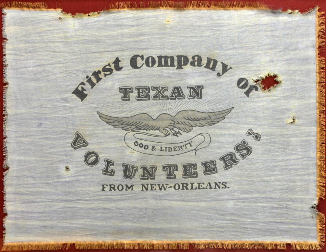 REPLICA OF THE NEW ORLEANS GRAYS TEXAS FLAG 1836: Shadow box framed, under glass, cloth flag, a reproduction of the flag of "The New Orleans Greys", volunteers who joined the 1836 cause of Republic of Texas Revolution against Mexico, they suffered th