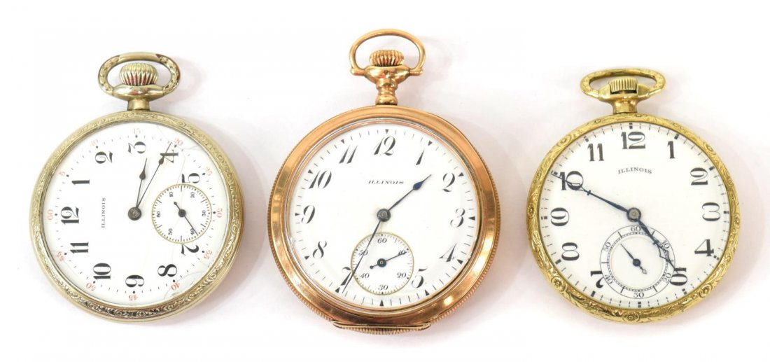 (3) ILLINOIS 19 & 17 JEWEL POCKET WATCHES: (3) Illinois open face pocket watches: (1) 15 jewels, second hand sub dial, 25 year gold fill case, manufactured 1914, observed operating during a 15 minute period, SN 2652843; (1) 15 jewels, second h
