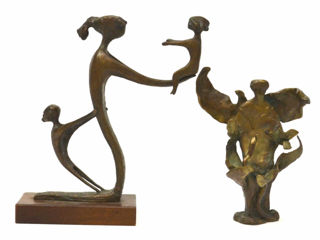 (2) GERMAN STASSACKER BRONZE FIGURAL SCULPTURES: (lot of 2) Bronze sculptures bearing the mark of the Stassacker Foundry, Sussen Germany, comprising: (1) Mother and Children, signed L in a circle, mounted on a wood base, bronze: 8.75"h, 7.25"w, 2.75
